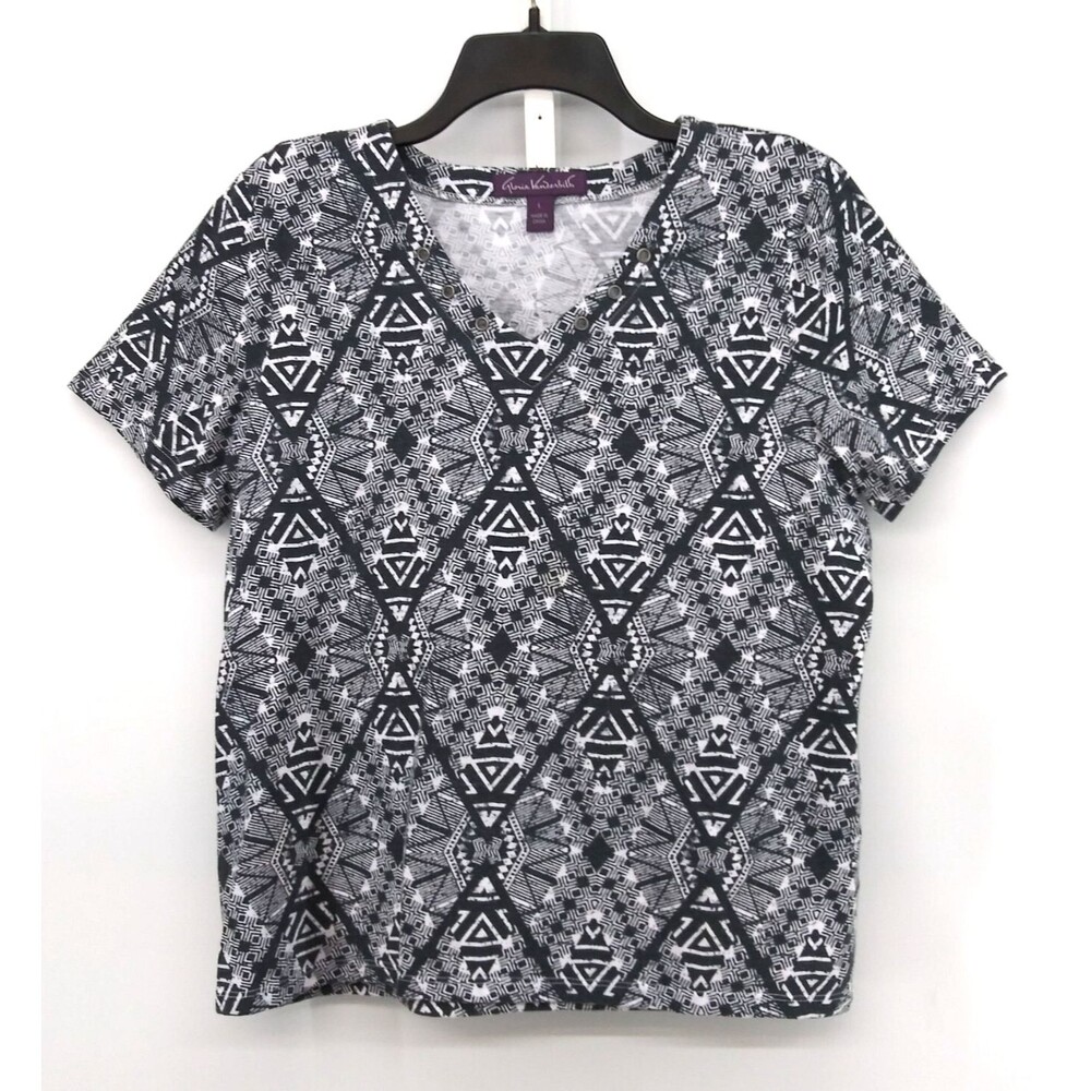 Gloria Vanderbilt Shirt Women Size L Black Geometric Short Sleeve V-Neck Top